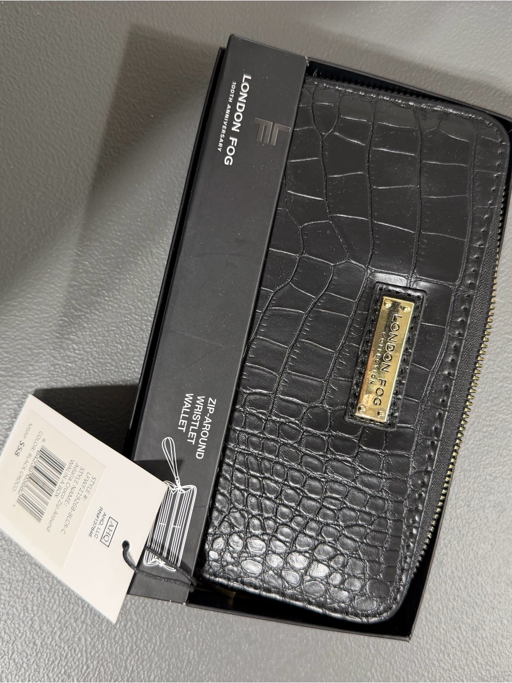 London Fog Black Croc-Embossed Zip Wallet with Gold Plaque